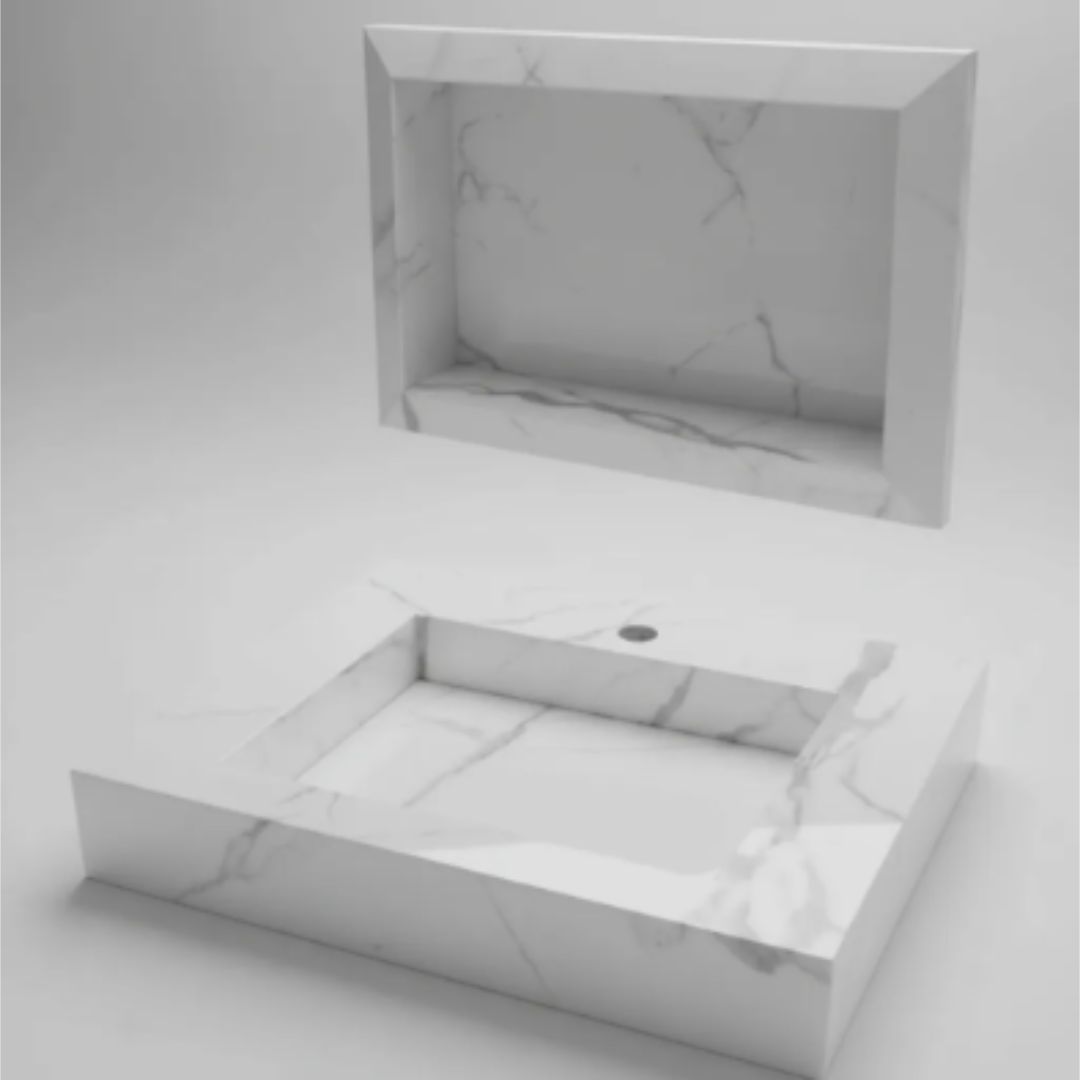 Cuba Esculpida 60x45x10 porcelanato Calacata - Polido + Nicho borda diamante 0,60 x 0,40. - Image 2