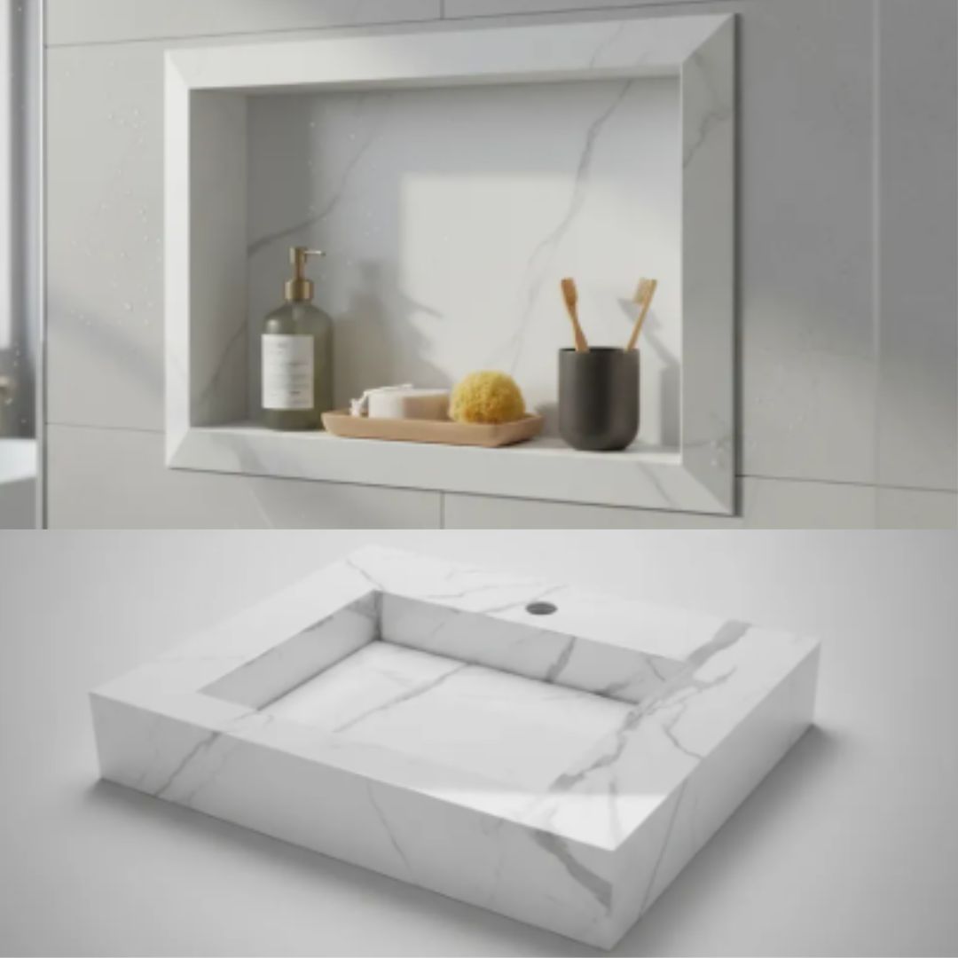 Cuba Esculpida 60x45x10 porcelanato Calacata - Polido + Nicho borda diamante 0,60 x 0,40.