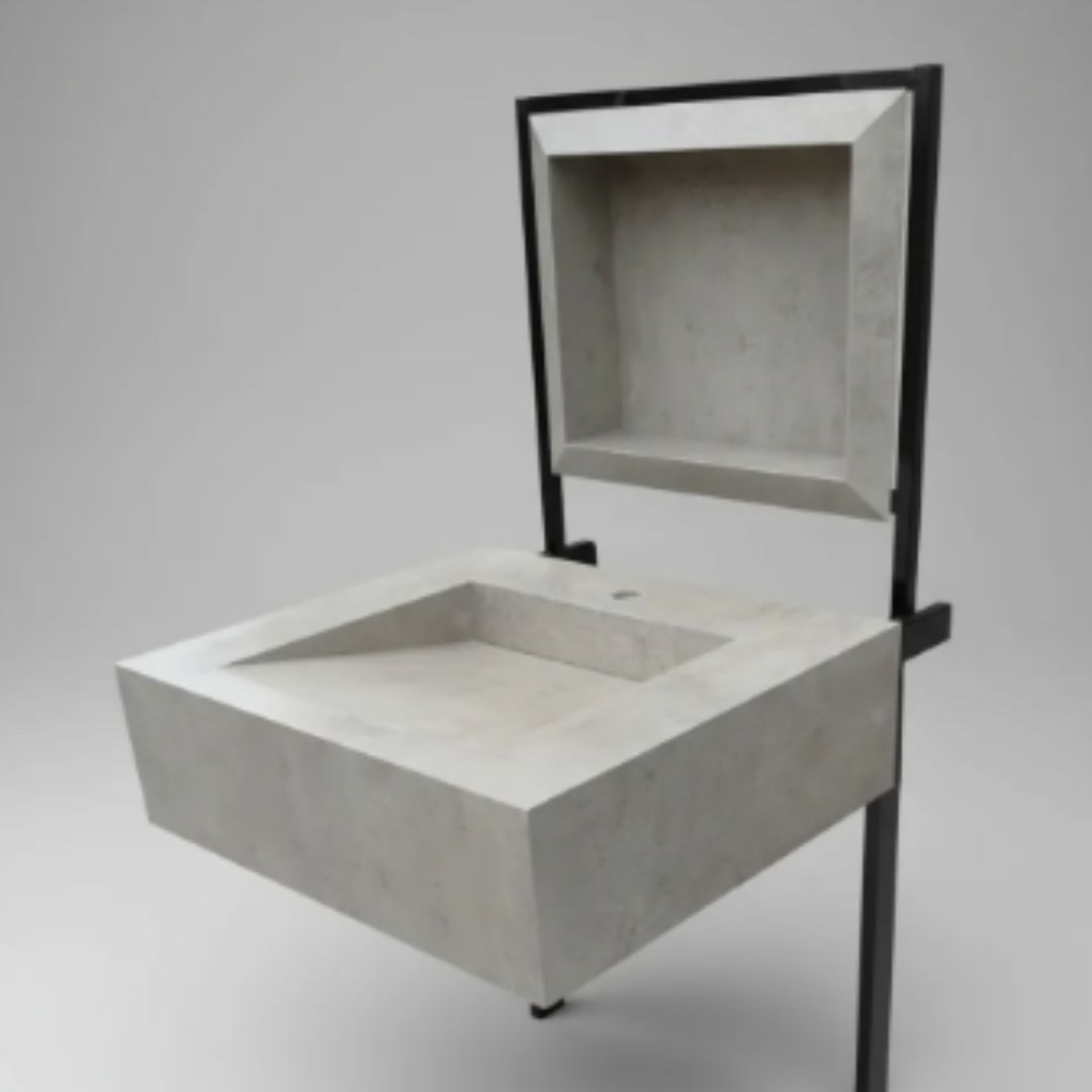 Cuba Esculpida 60x45x10 porcelanato Cinza Cimenticio - Acetinado - Com Rampa + Nicho borda diamante 0,60 x 0,40.