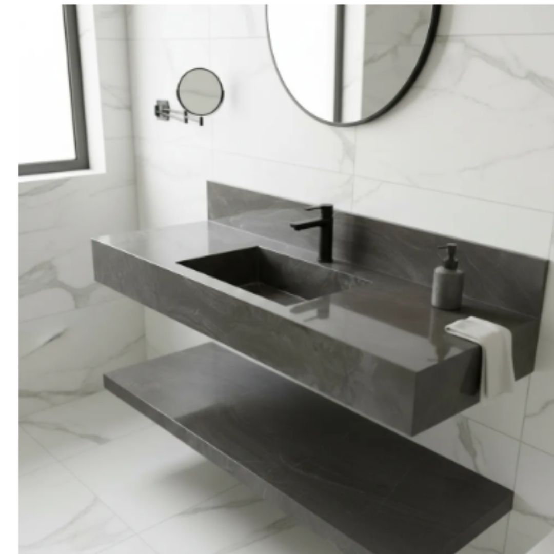 Cuba Esculpida 0,80x,0,45x0,10 + Plateleira 0,80x0,40x0,05 Cinza Grafite - Polido