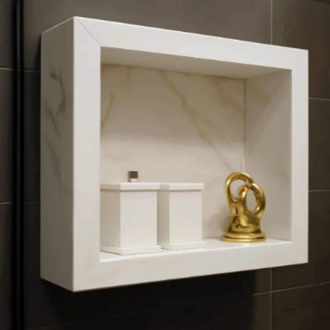 Nicho Externo Borda Quadradra 60 X 40 X 10 Jaj Porcelanato Branco Com Veios Dourados- Polido