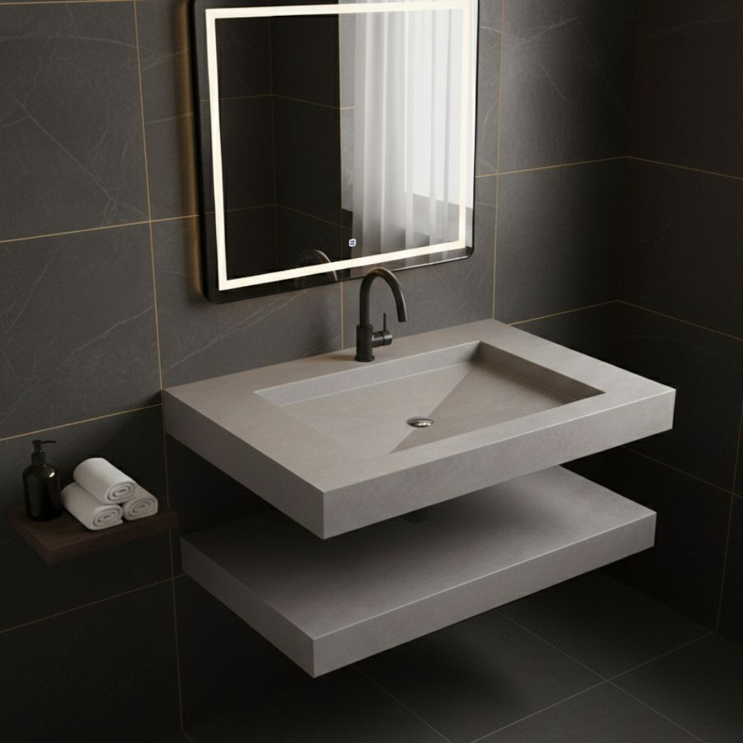 Cuba Esculpida Modelo Raso 0,80 X 0,45 X 0,05 C/ Plateleira. Cinza Cimenticio Acetinado